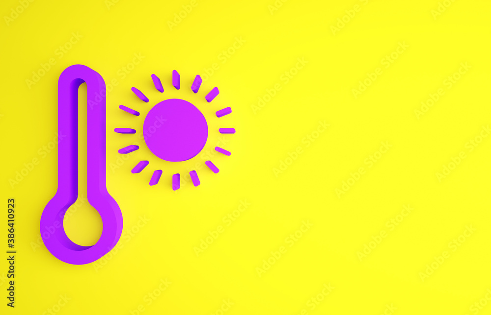 Purple Meteorology thermometer measuring heat and cold icon isolated on yellow background. Thermomet