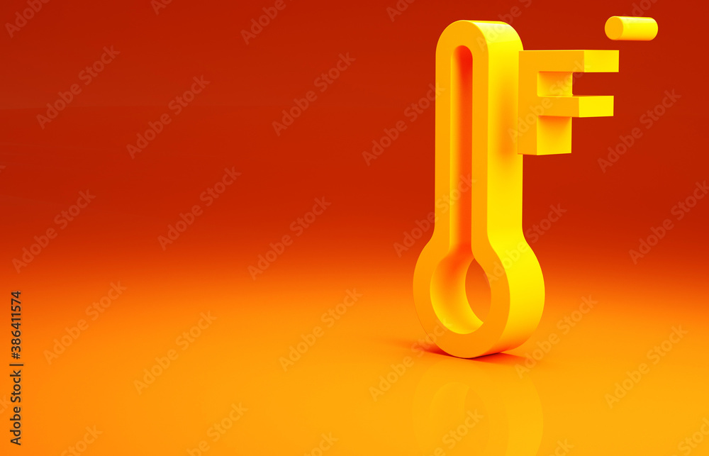 Yellow Meteorology thermometer measuring heat and cold icon isolated on orange background. Temperatu