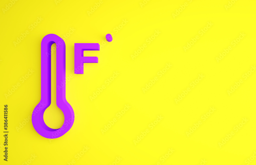 Purple Meteorology thermometer measuring heat and cold icon isolated on yellow background. Temperatu