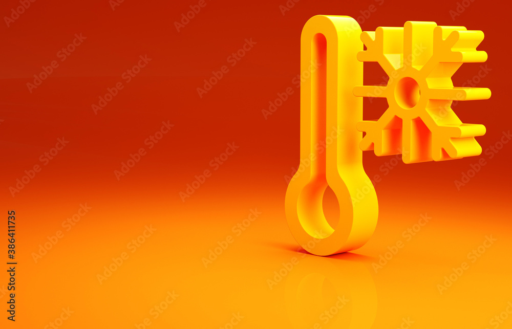 Yellow Thermometer with snowflake icon isolated on orange background. Minimalism concept. 3d illustr