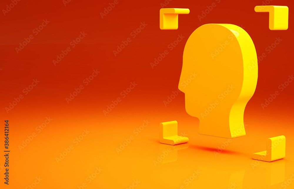 Yellow Face recognition icon isolated on orange background. Face identification scanner icon. Facial