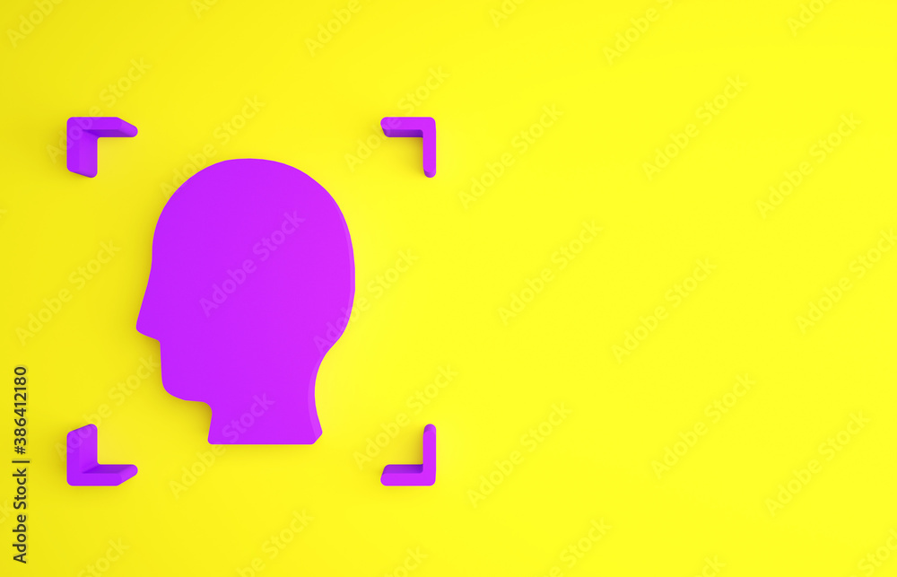 Purple Face recognition icon isolated on yellow background. Face identification scanner icon. Facial