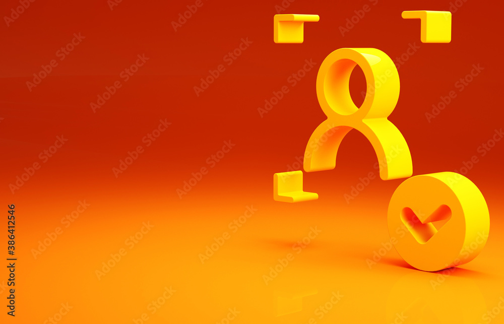 Yellow Face recognition with check mark icon isolated on orange background. Face identification scan