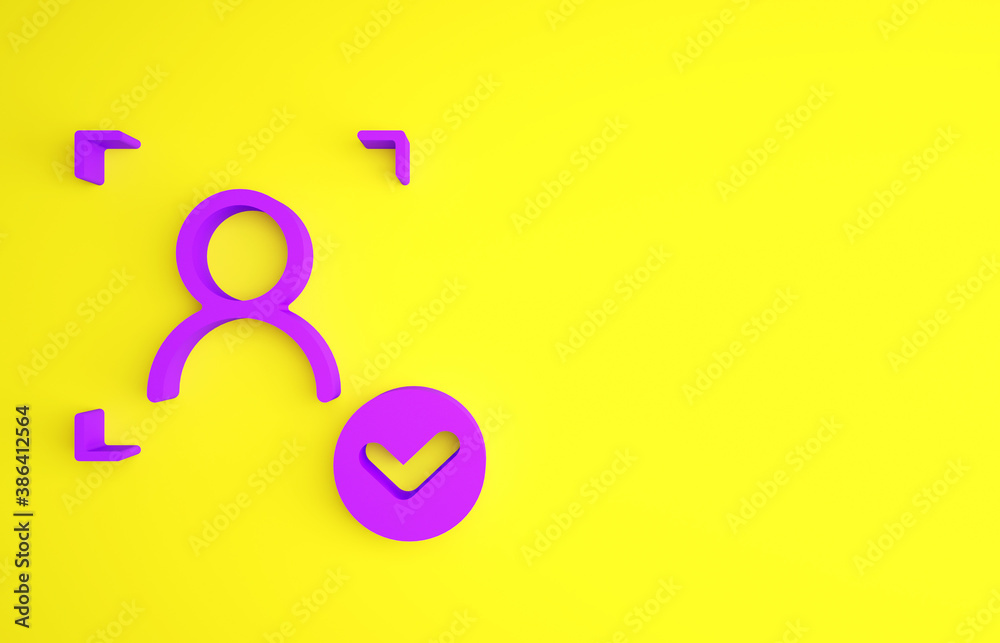 Purple Face recognition with check mark icon isolated on yellow background. Face identification scan