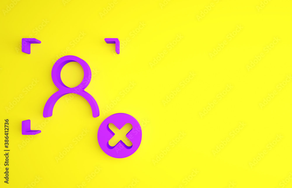 Purple Rejection face recognition icon isolated on yellow background. Face identification scanner ic