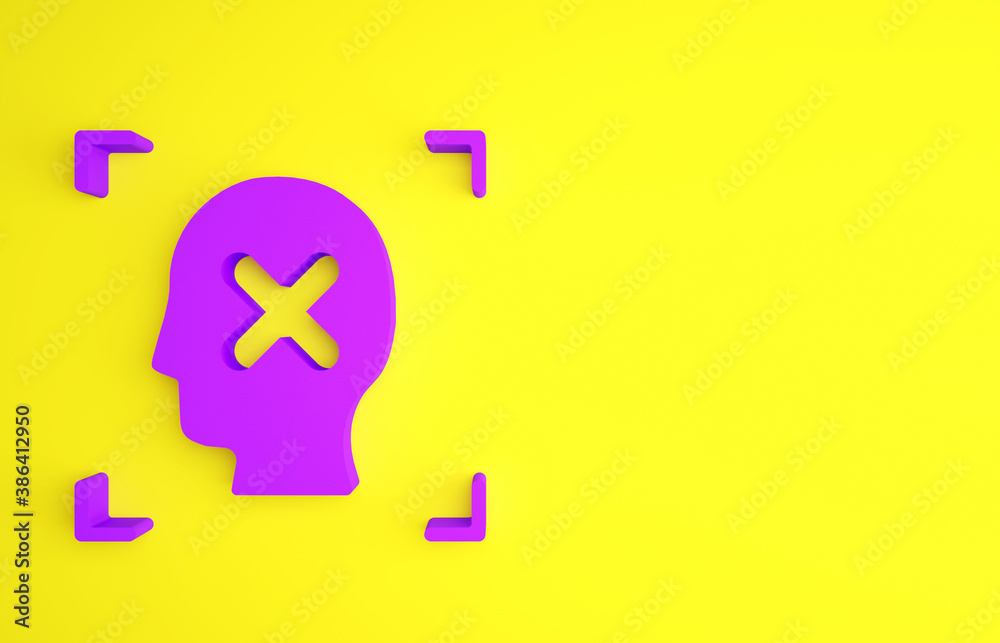 Purple Rejection face recognition icon isolated on yellow background. Face identification scanner ic