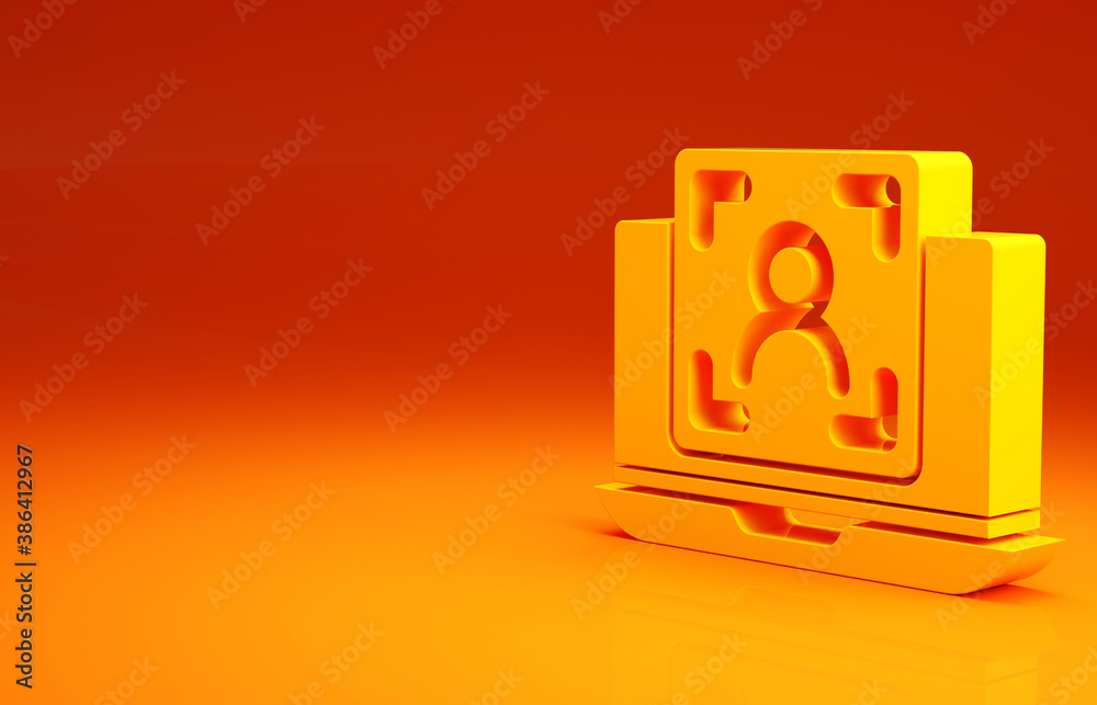 Yellow Laptop with face recognition icon isolated on orange background. Face identification scanner 