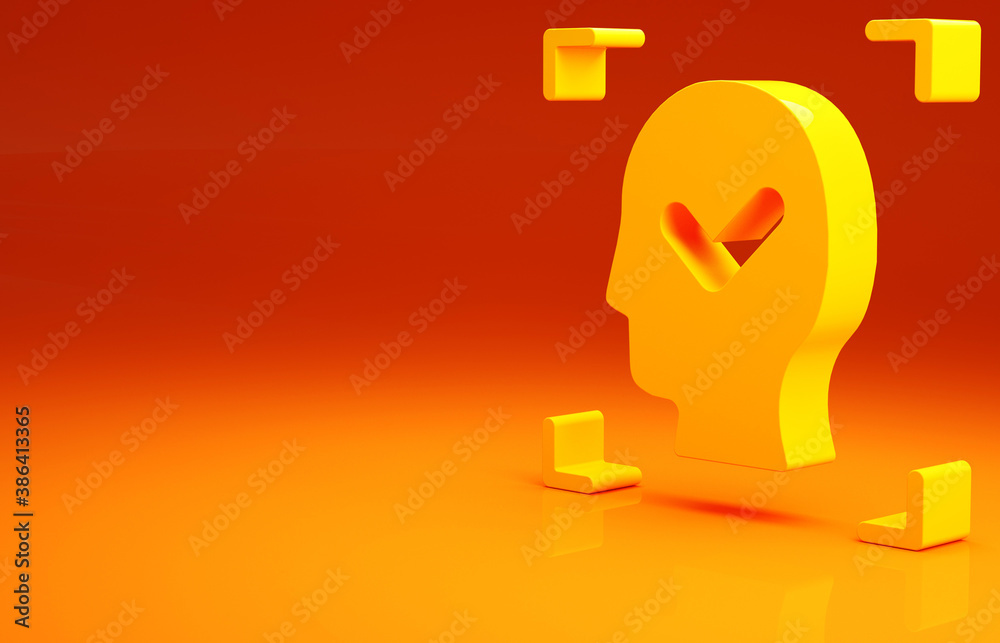 Yellow Face recognition with check mark icon isolated on orange background. Face identification scan