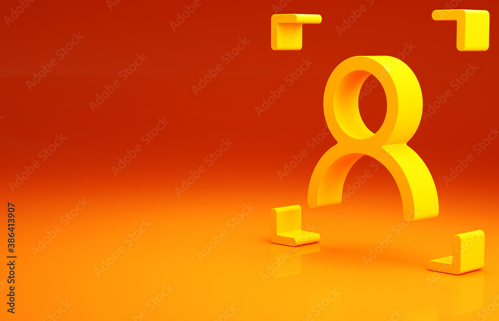 Yellow Face recognition icon isolated on orange background. Face identification scanner icon. Facial