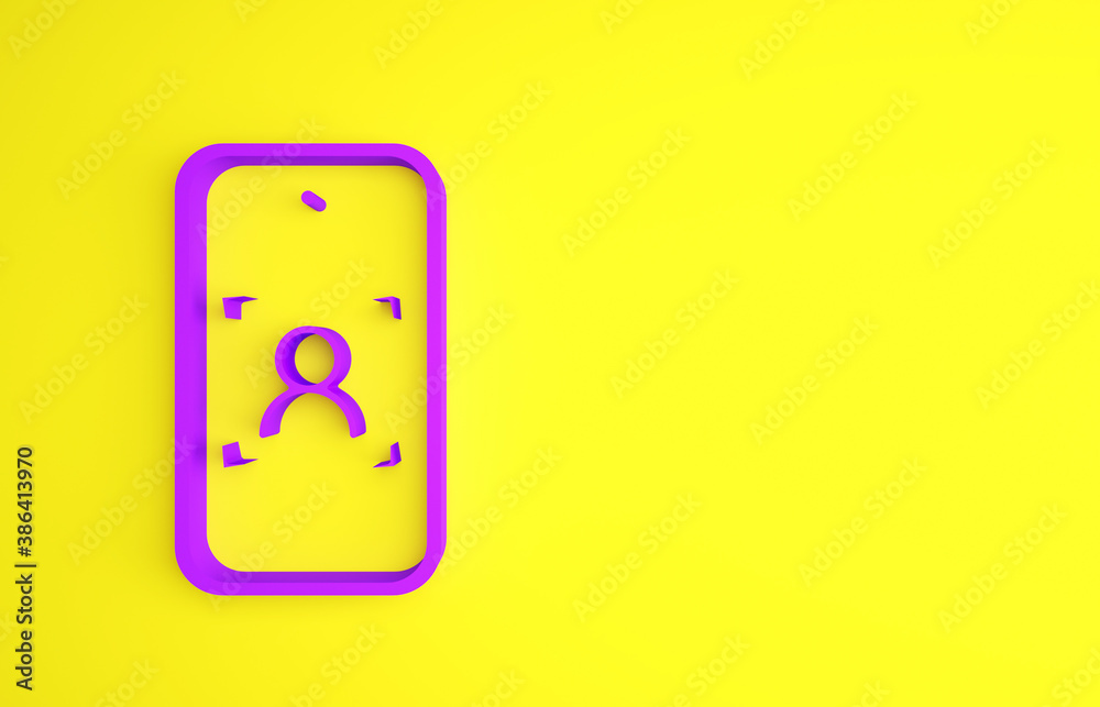 Purple Mobile phone and face recognition icon isolated on yellow background. Face identification sca