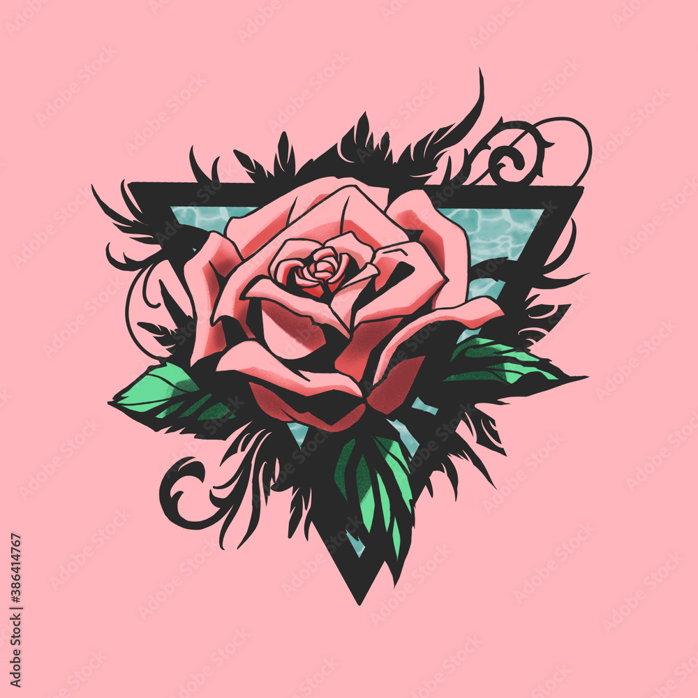 Abstract digital painting rose in tattoo style illustration