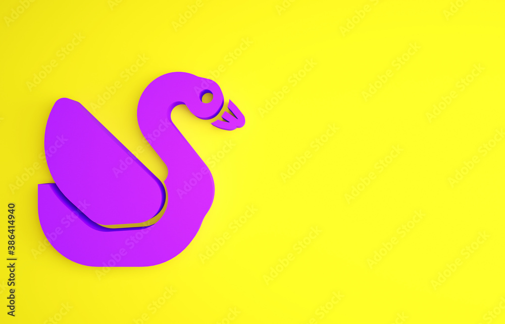 Purple Swan bird icon isolated on yellow background. Animal symbol. Minimalism concept. 3d illustrat