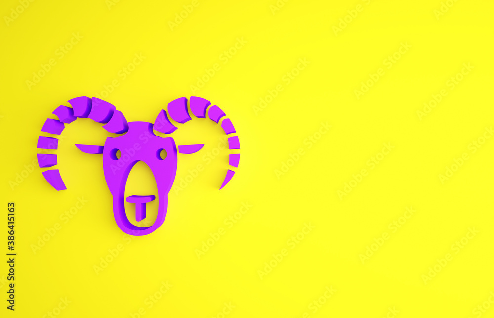 Purple Head of goat or ram icon isolated on yellow background. Mountain sheep. Animal symbol. Minima