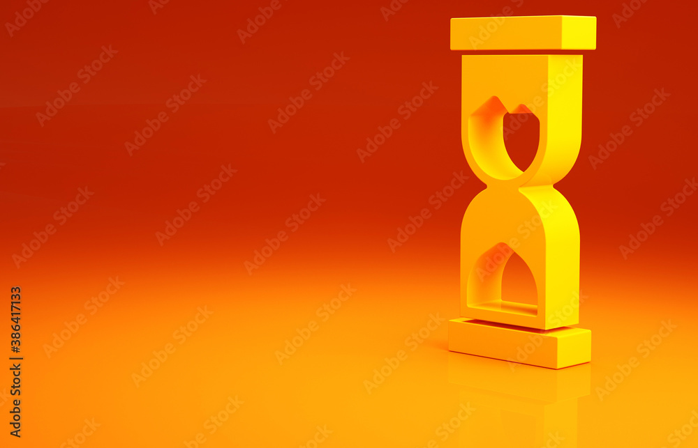 Yellow Old hourglass with flowing sand icon isolated on orange background. Sand clock sign. Business