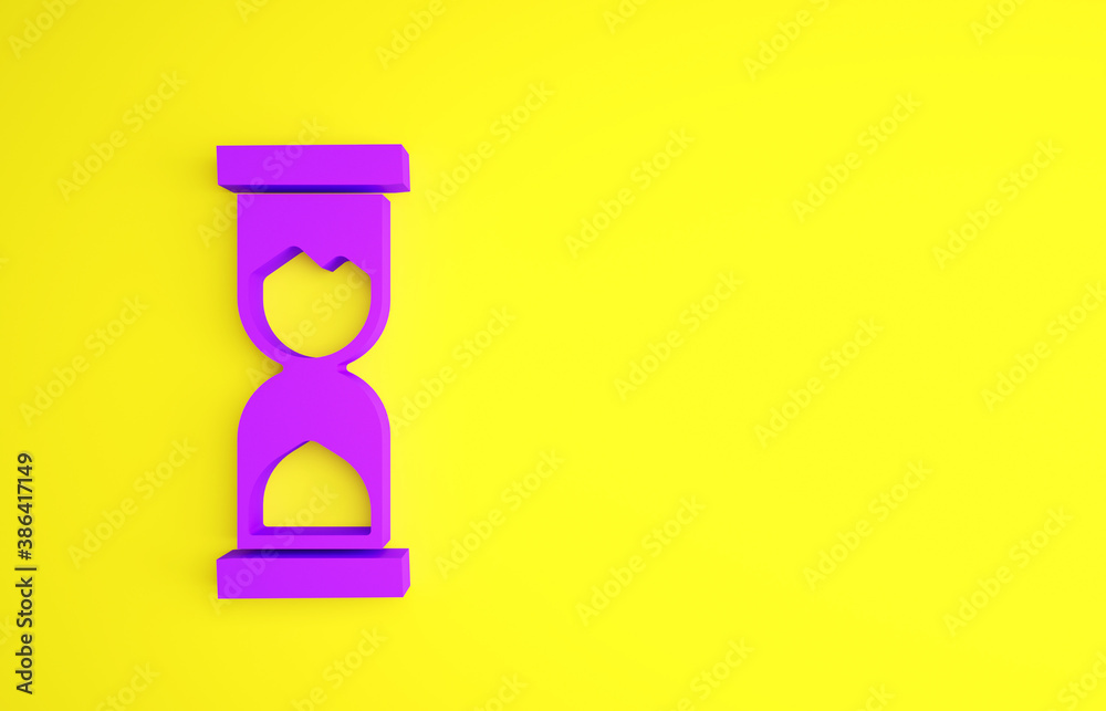 Purple Old hourglass with flowing sand icon isolated on yellow background. Sand clock sign. Business