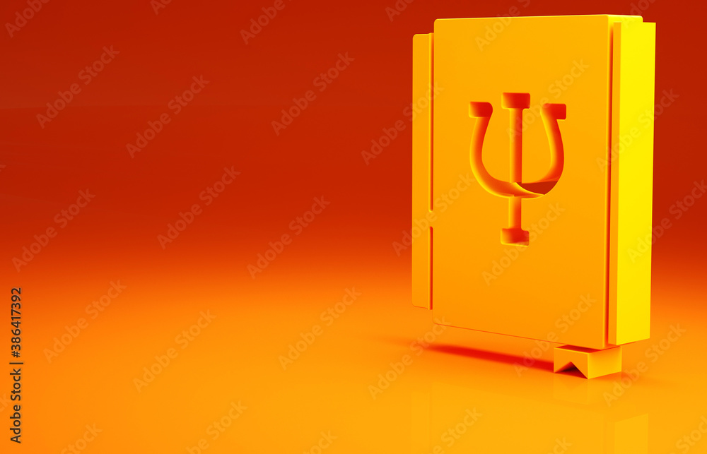 Yellow Psychology book icon isolated on orange background. Psi symbol. Mental health concept, psycho