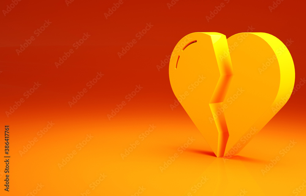 Yellow Broken heart or divorce icon isolated on orange background. Love symbol. Valentines day. Mini