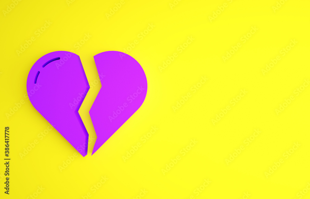 Purple Broken heart or divorce icon isolated on yellow background. Love symbol. Valentines day. Mini