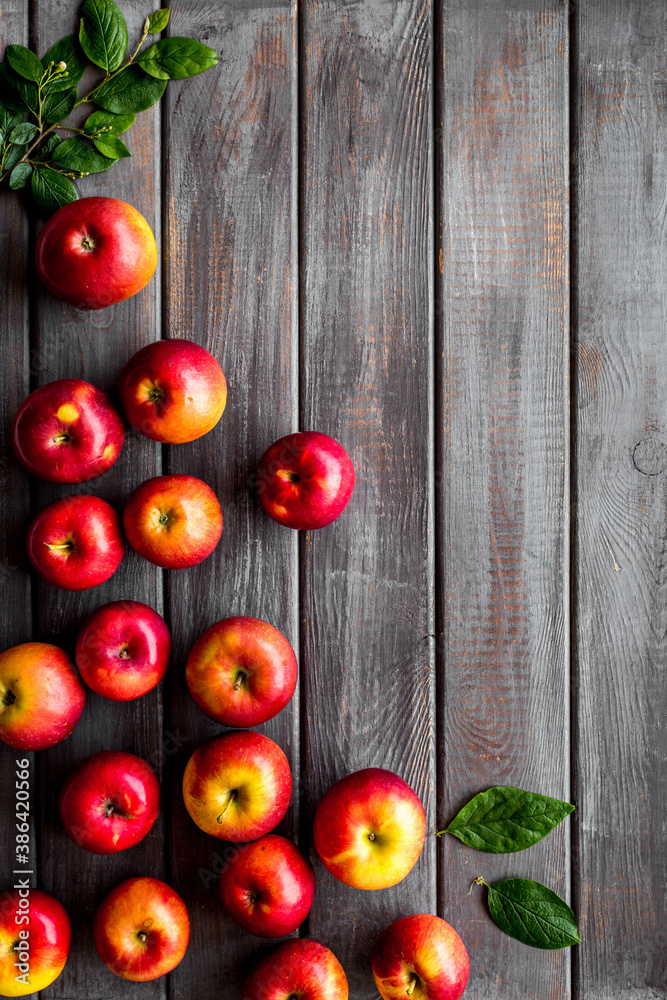 Set of red apples - above view, space for text