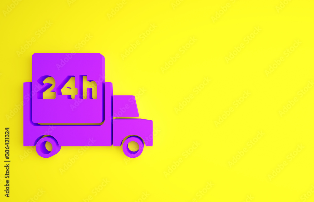 Purple Fast round the clock delivery by car icon isolated on yellow background. Minimalism concept. 