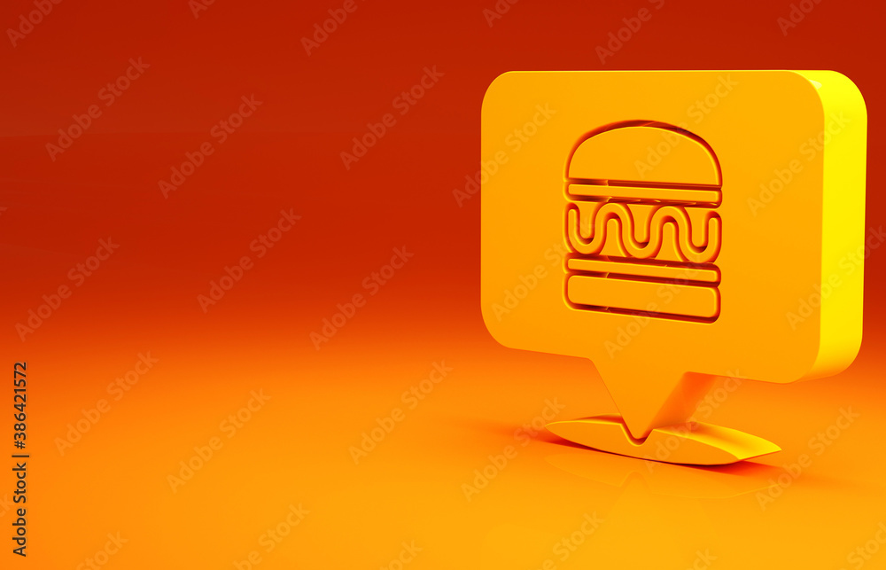 Yellow Online ordering and burger delivery icon isolated on orange background. Minimalism concept. 3