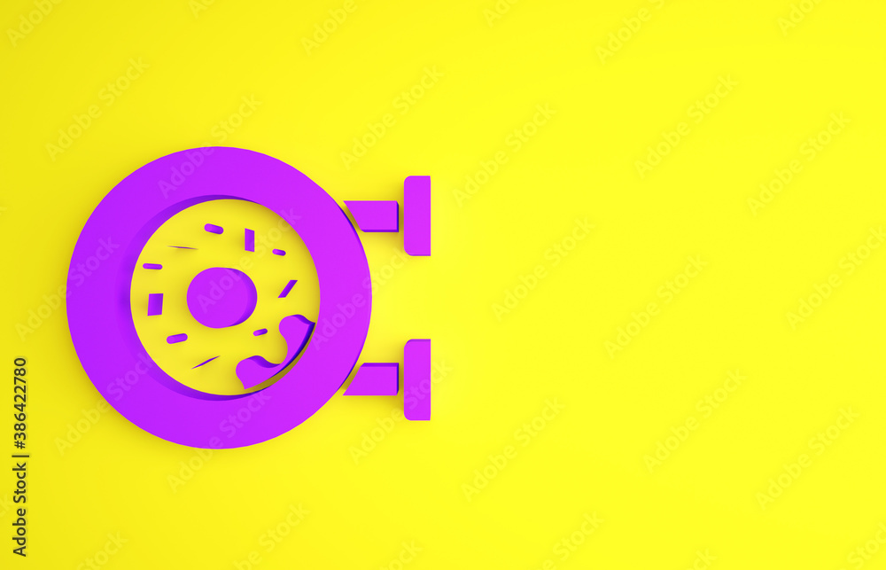 Purple Donut with sweet glaze icon isolated on yellow background. Minimalism concept. 3d illustratio