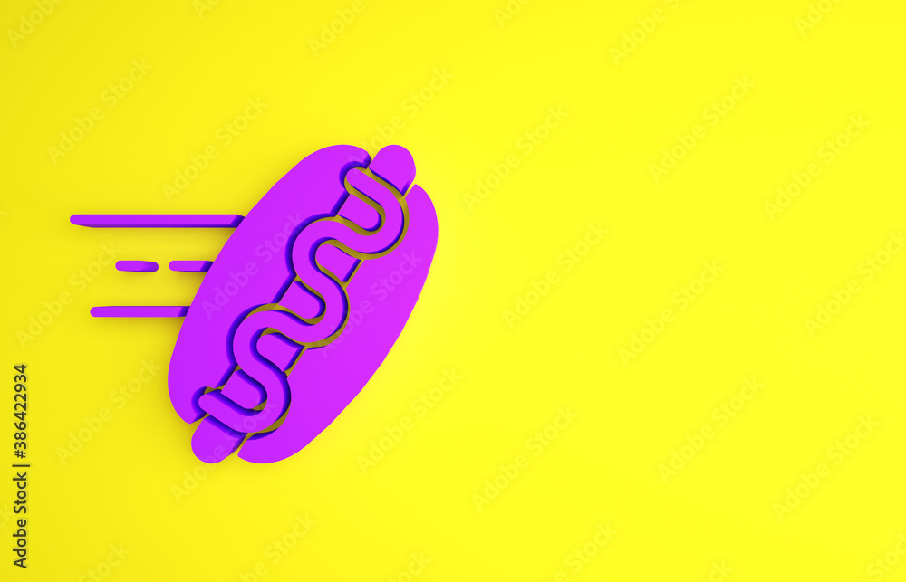 Purple Online ordering and hotdog sandwich icon isolated on yellow background. Sausage icon. Fast fo