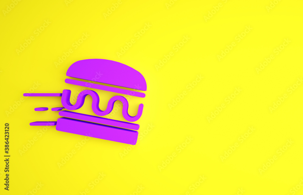 Purple Online ordering and burger delivery icon isolated on yellow background. Minimalism concept. 3