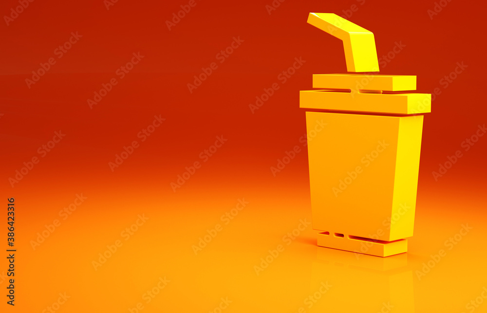 Yellow Paper glass with drinking straw and water icon isolated on orange background. Soda drink glas