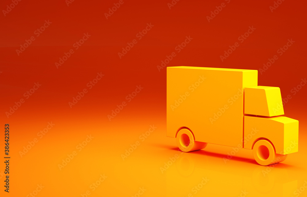 Yellow Fast round the clock delivery by car icon isolated on orange background. Minimalism concept. 