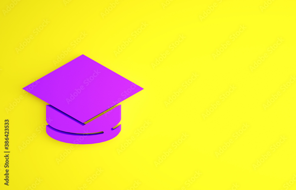 Purple Graduation cap icon isolated on yellow background. Graduation hat with tassel icon. Minimalis