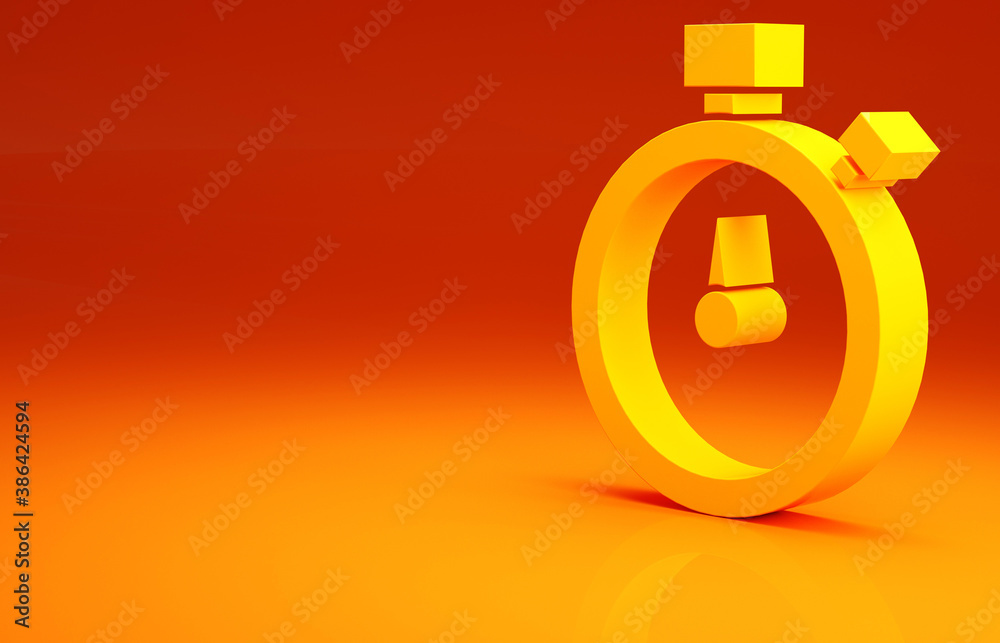 Yellow Stopwatch icon isolated on orange background. Time timer sign. Chronometer sign. Minimalism c