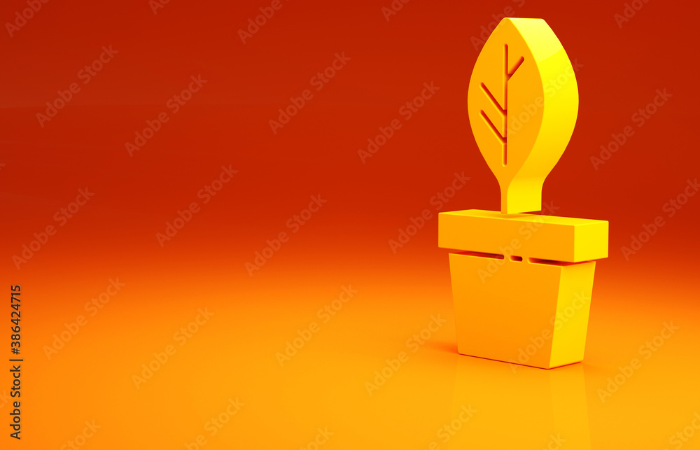 Yellow Plant in pot icon isolated on orange background. Plant growing in a pot. Potted plant sign. M