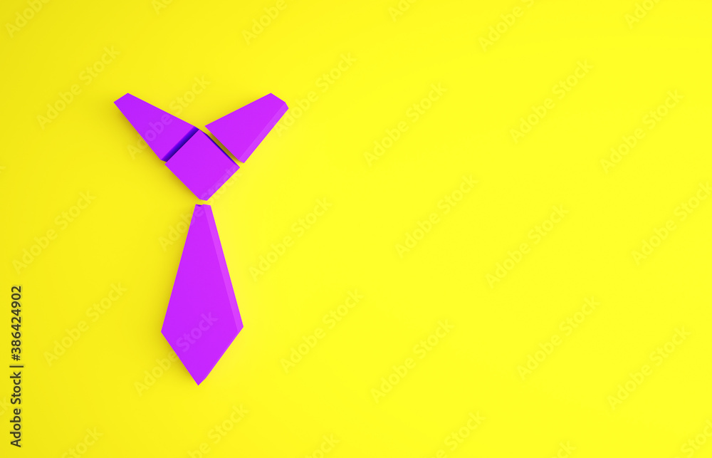 Purple Tie icon isolated on yellow background. Necktie and neckcloth symbol. Minimalism concept. 3d 