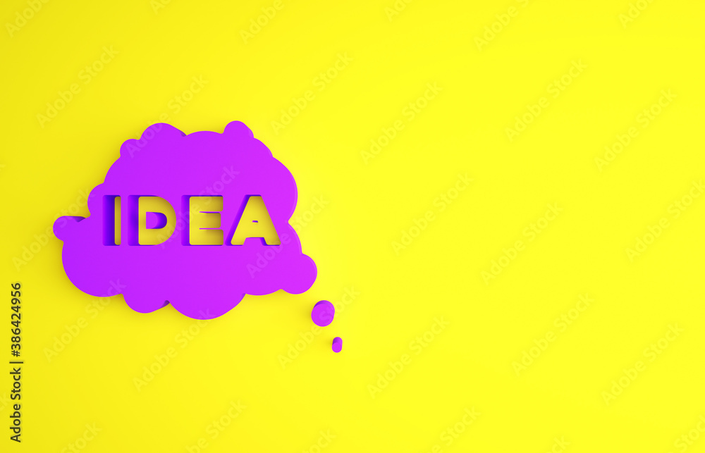 Purple Idea, speech bubble icon isolated on yellow background. Message speech bubble idea with cloud