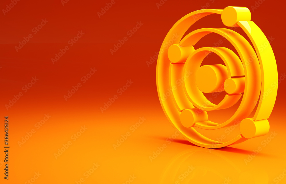 Yellow Solar system icon isolated on orange background. The planets revolve around the star. Minimal