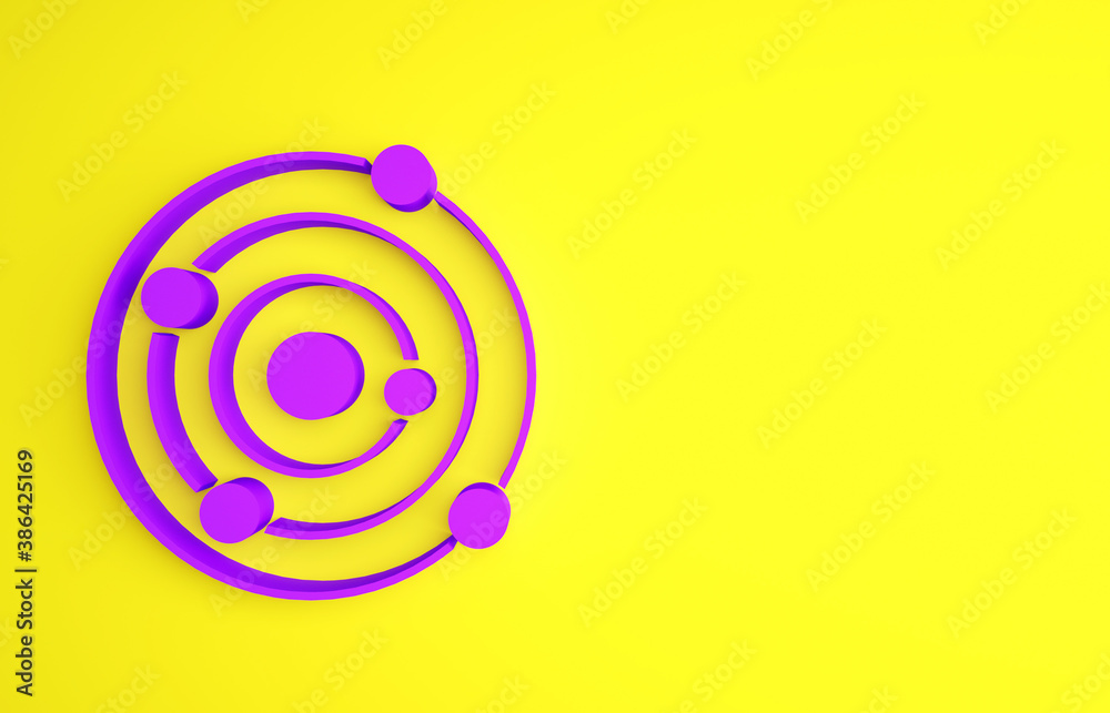 Purple Solar system icon isolated on yellow background. The planets revolve around the star. Minimal