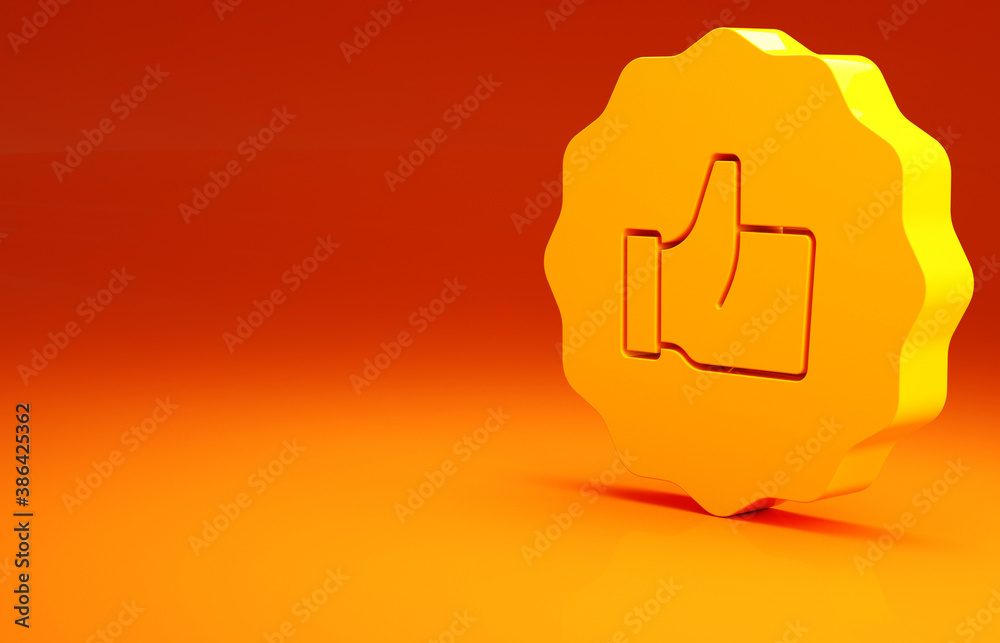 Yellow Hand thumb up icon isolated on orange background. Minimalism concept. 3d illustration 3D rend