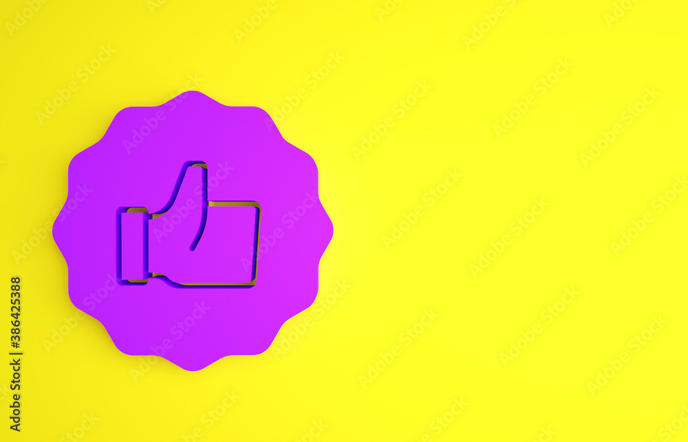 Purple Hand thumb up icon isolated on yellow background. Minimalism concept. 3d illustration 3D rend