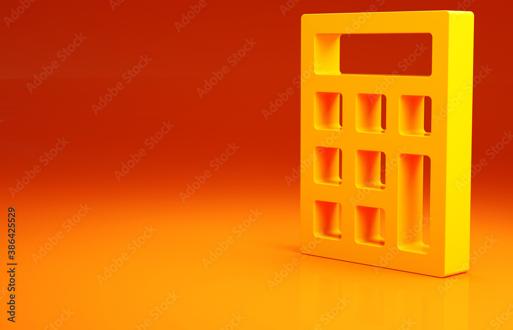 Yellow Calculator icon isolated on orange background. Accounting symbol. Business calculations mathe