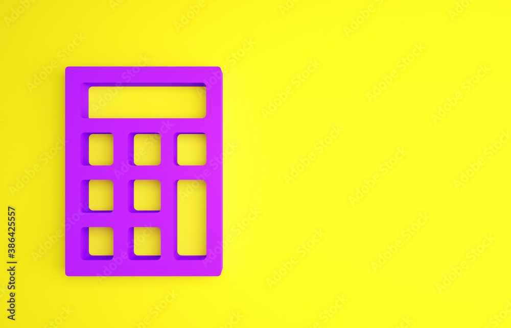 Purple Calculator icon isolated on yellow background. Accounting symbol. Business calculations mathe