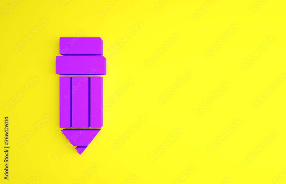 Purple Pencil with eraser icon isolated on yellow background. Drawing and educational tools. School 