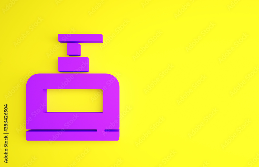 Purple Bottle of shampoo icon isolated on yellow background. Minimalism concept. 3d illustration 3D 