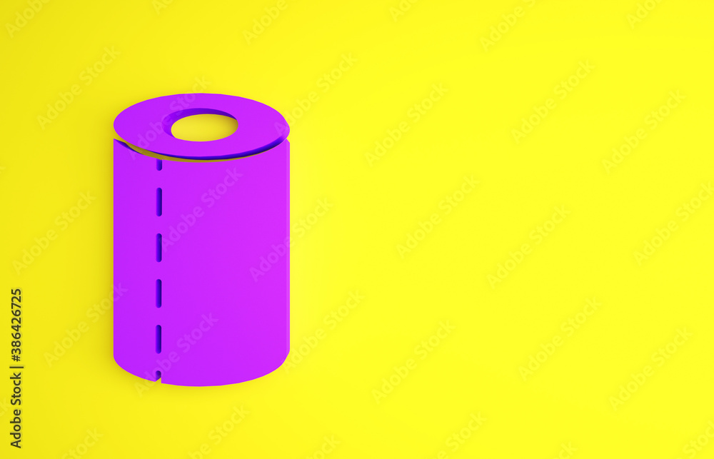 Purple Paper towel roll icon isolated on yellow background. Minimalism concept. 3d illustration 3D r