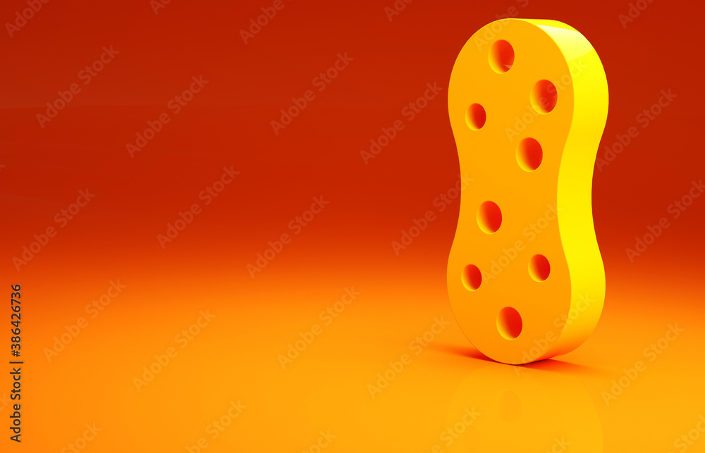 Yellow Sponge with bubbles icon isolated on orange background. Wisp of bast for washing dishes. Clea