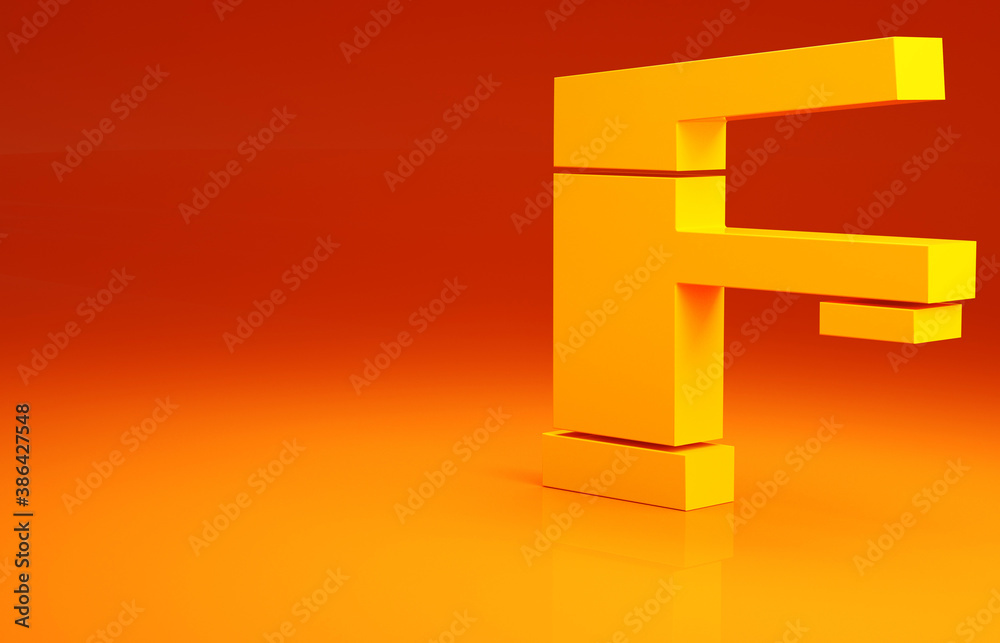 Yellow Water tap icon isolated on orange background. Minimalism concept. 3d illustration 3D render.