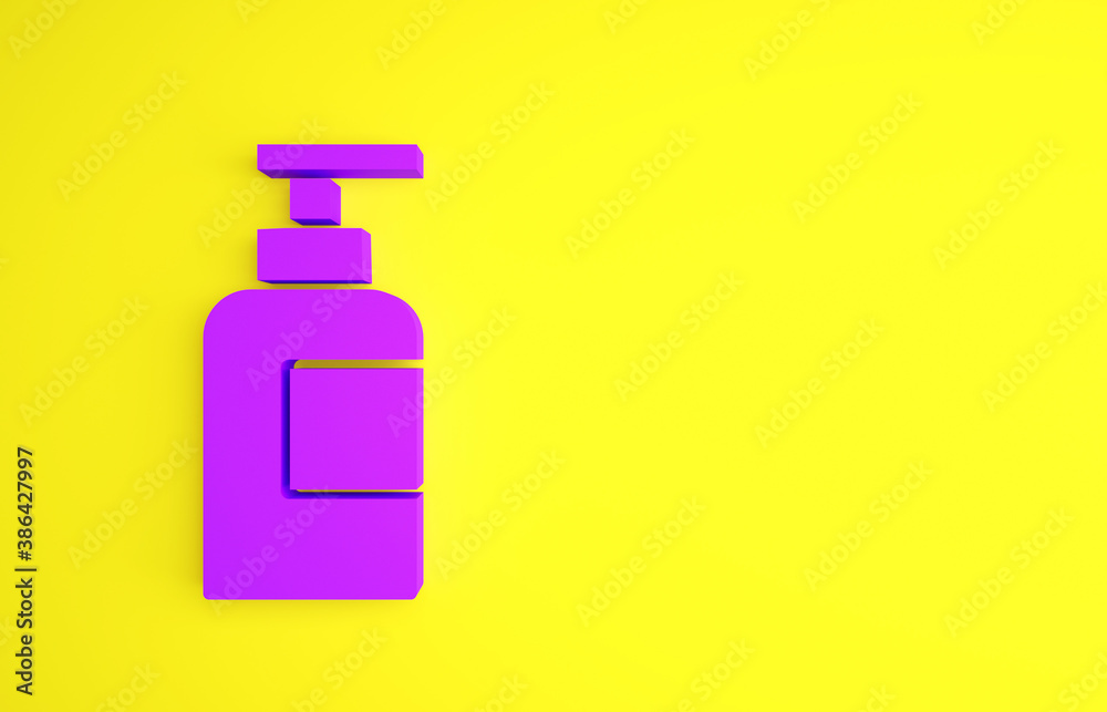 Purple Bottle of shampoo icon isolated on yellow background. Minimalism concept. 3d illustration 3D 