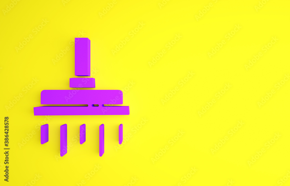 Purple Shower head with water drops flowing icon isolated on yellow background. Minimalism concept. 