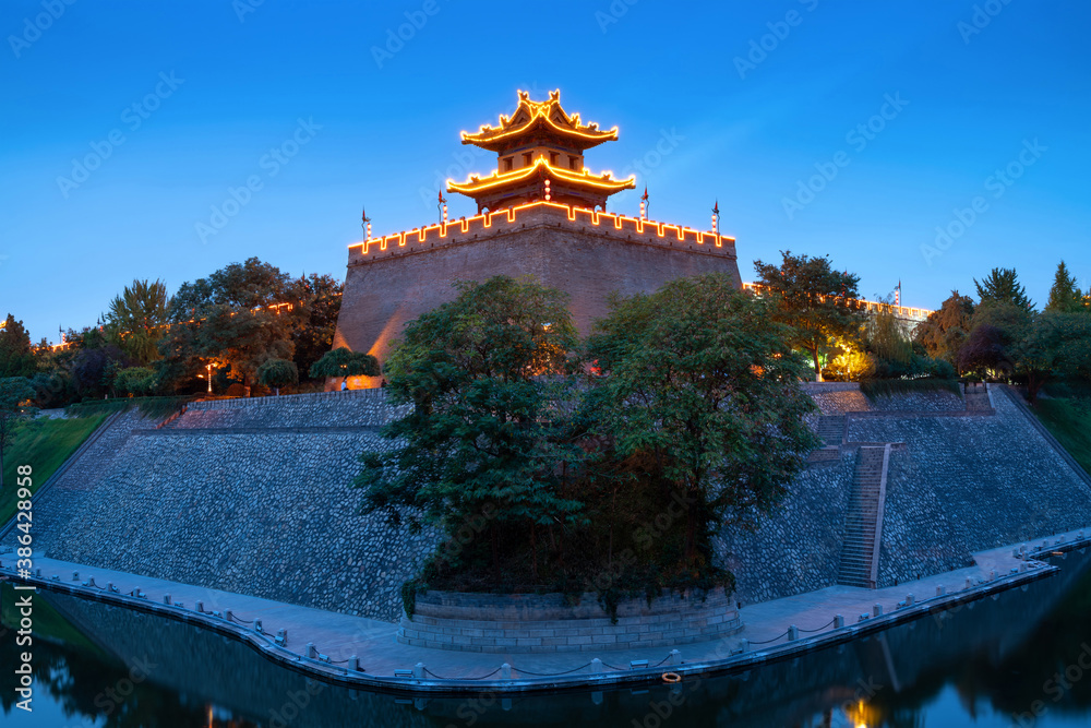 The corner tower of the ancient city wall of the Ming Dynasty was built in 1374 in Xian, China.