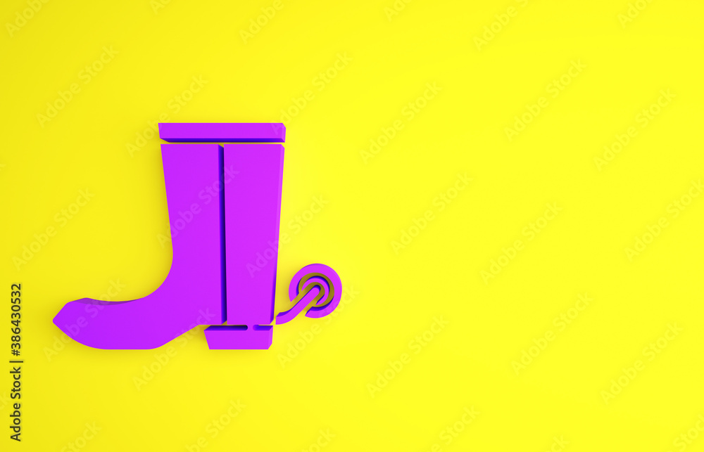 Purple Cowboy boot icon isolated on yellow background. Minimalism concept. 3d illustration 3D render